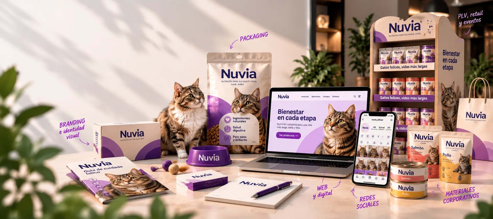 Proyecto de marca de ejemplo con sus piezas: branding e identidad visual, packaging, web y digital, redes sociales, materiales corporativos y PLV